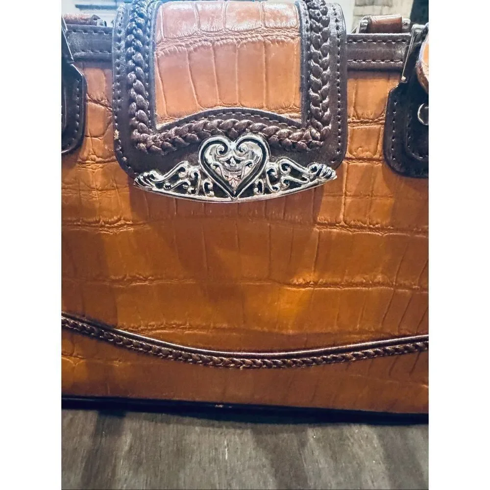 M.C. Western Brown Croc Embossed Handbag Satchel Tooled Detail